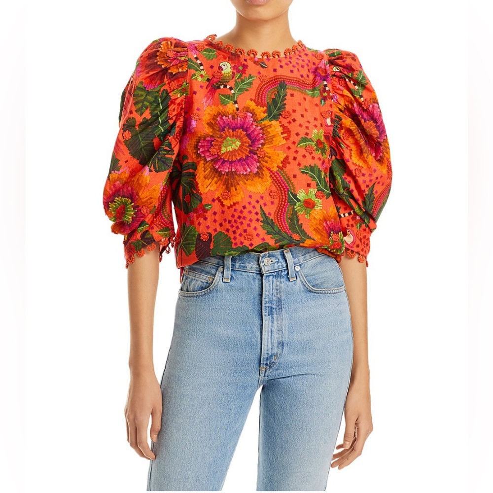 FARM Rio Orange Floral Puff Sleeve Blouse